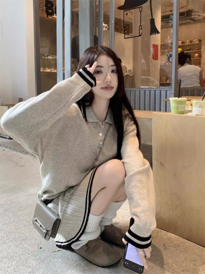 減齡polo領寬鬆針織套裝 長袖毛衣 百褶半身短裙  顯瘦顯白兩件套