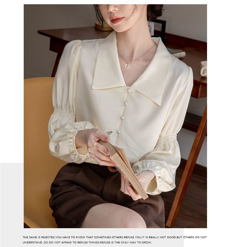 燈籠袖杏色襯衫 法式復古襯衣 OL通勤上衣