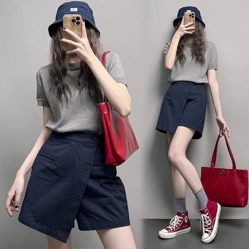 圓領短袖針織衫 | 顯瘦百搭裙褲兩件套