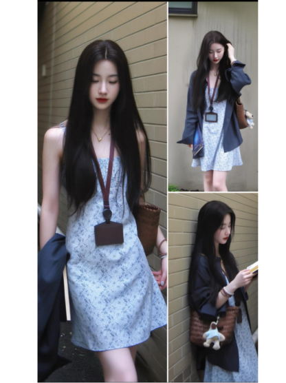 減齡套裝 亞麻藏青色襯衫 少女感碎花收腰吊帶洋裝