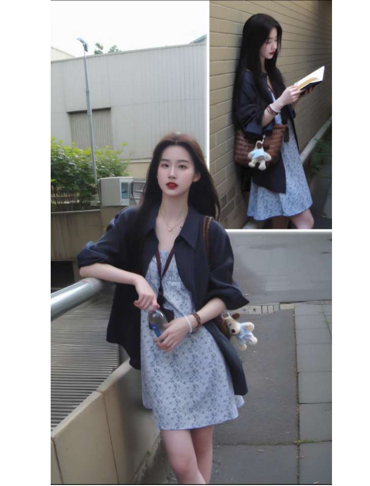 減齡套裝 亞麻藏青色襯衫 少女感碎花收腰吊帶洋裝