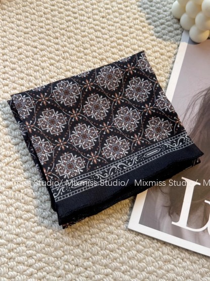 【現貨】文藝疊穿小方巾 復古熱巧棕棉方巾 小領巾 髮帶