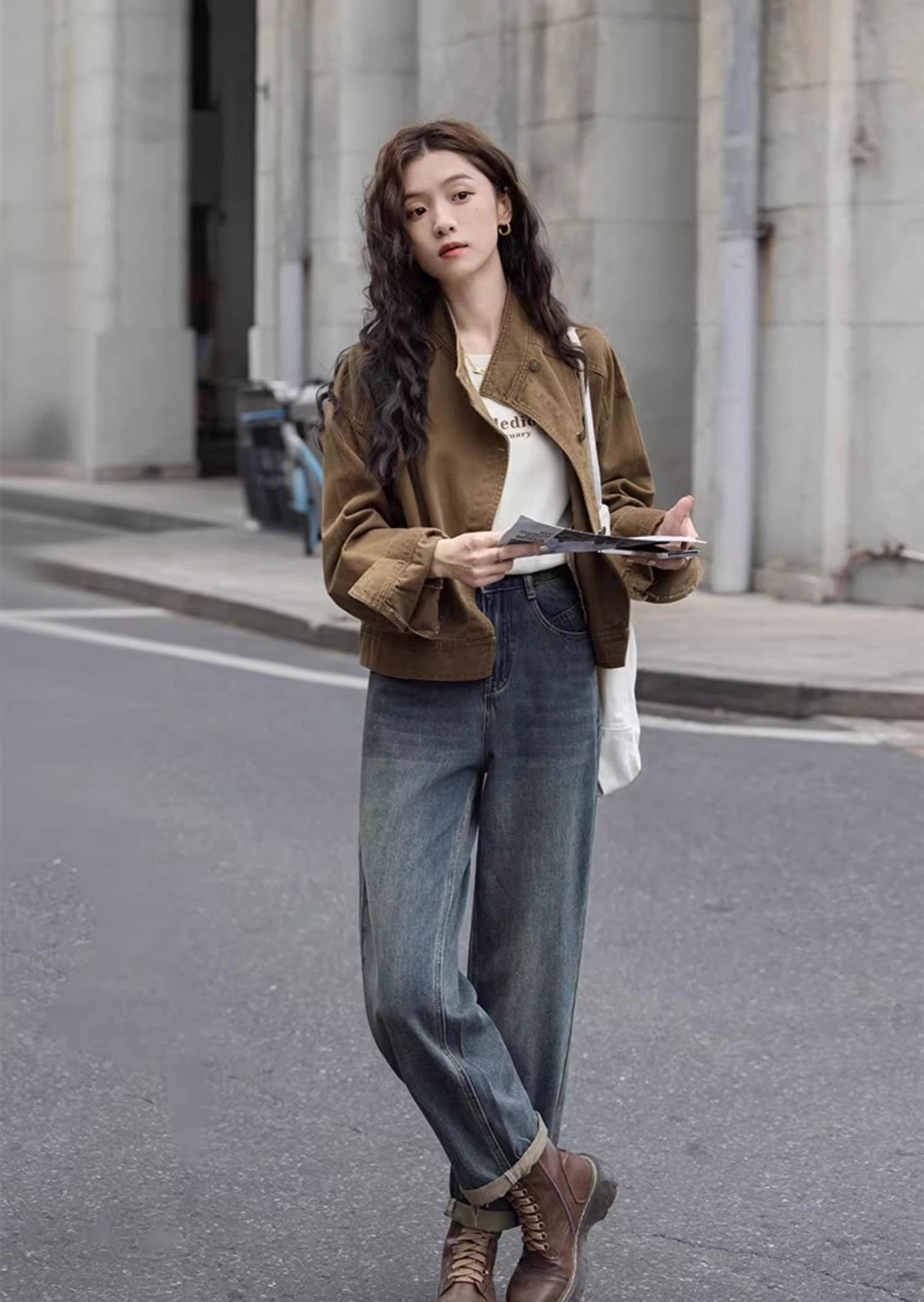 【現貨】復古茶咖色  巴恩風工裝夾克上衣 牛仔短外套 高品質