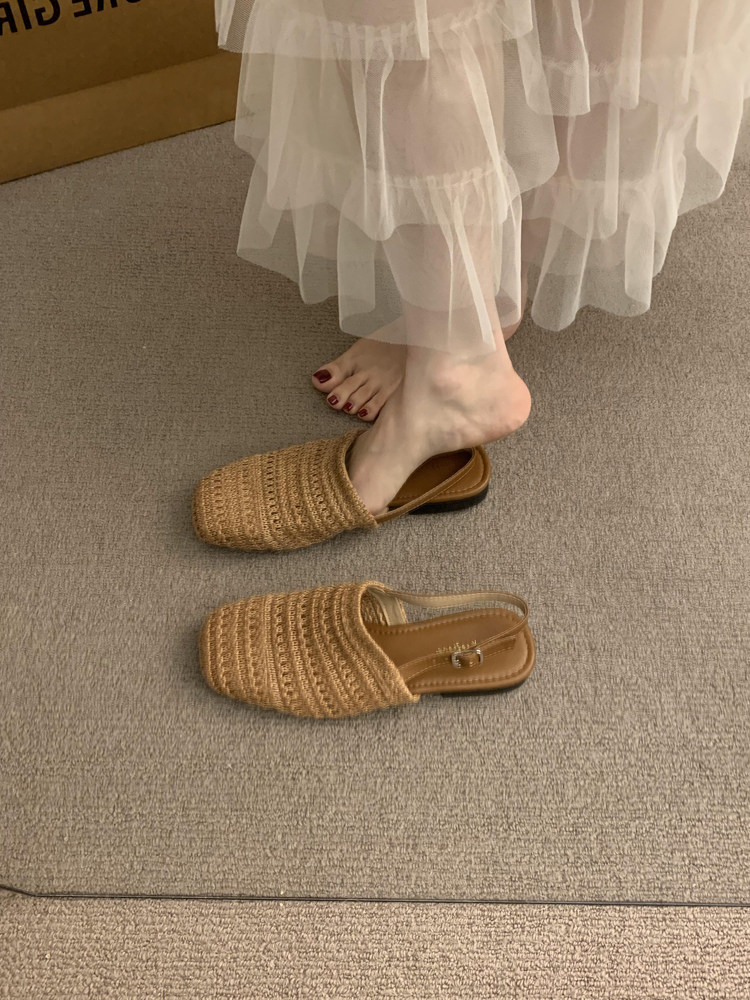 方頭一字帶草編涼單鞋 | 夏季淺口平底女鞋