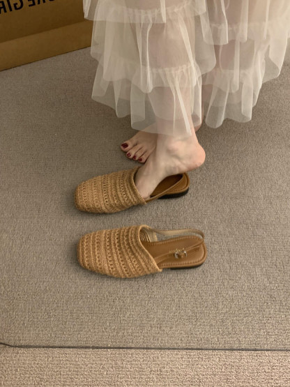 方頭一字帶草編涼單鞋 | 夏季淺口平底女鞋