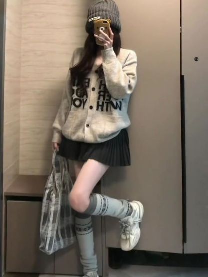 韓系氣質百搭針織開衫+高腰顯瘦半身裙兩件套