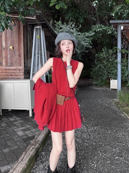 秋季氣質針織兩件套｜無袖連身裙｜鈕扣開衫｜多色可選兩件套  約會日常穿搭