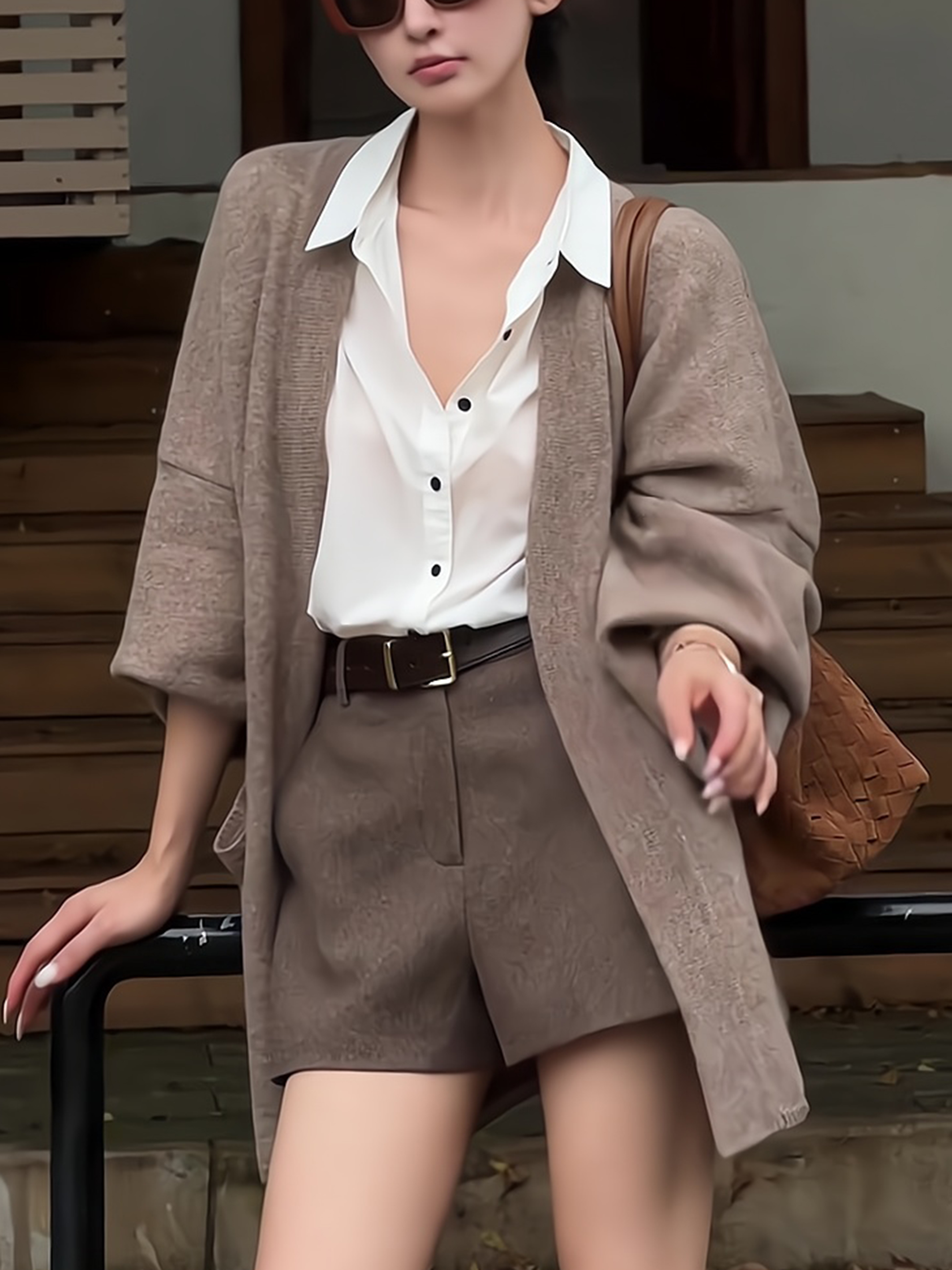 時髦老錢風｜毛衣開衫x襯衫x短褲三件套｜一套搞定秋季質感穿搭，輕鬆穿出不費力高級感