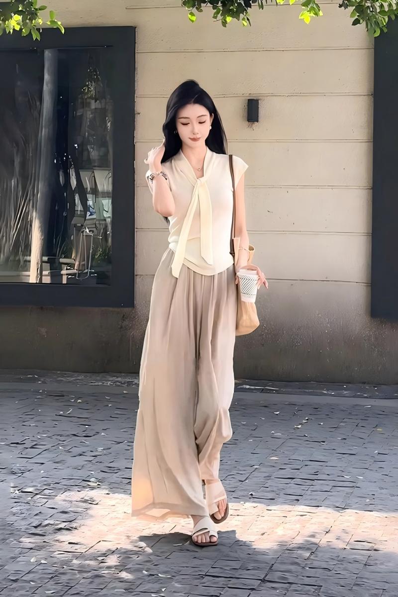 溫柔風簡約套裝｜系帶修身針織上衣｜垂感闊腿褲