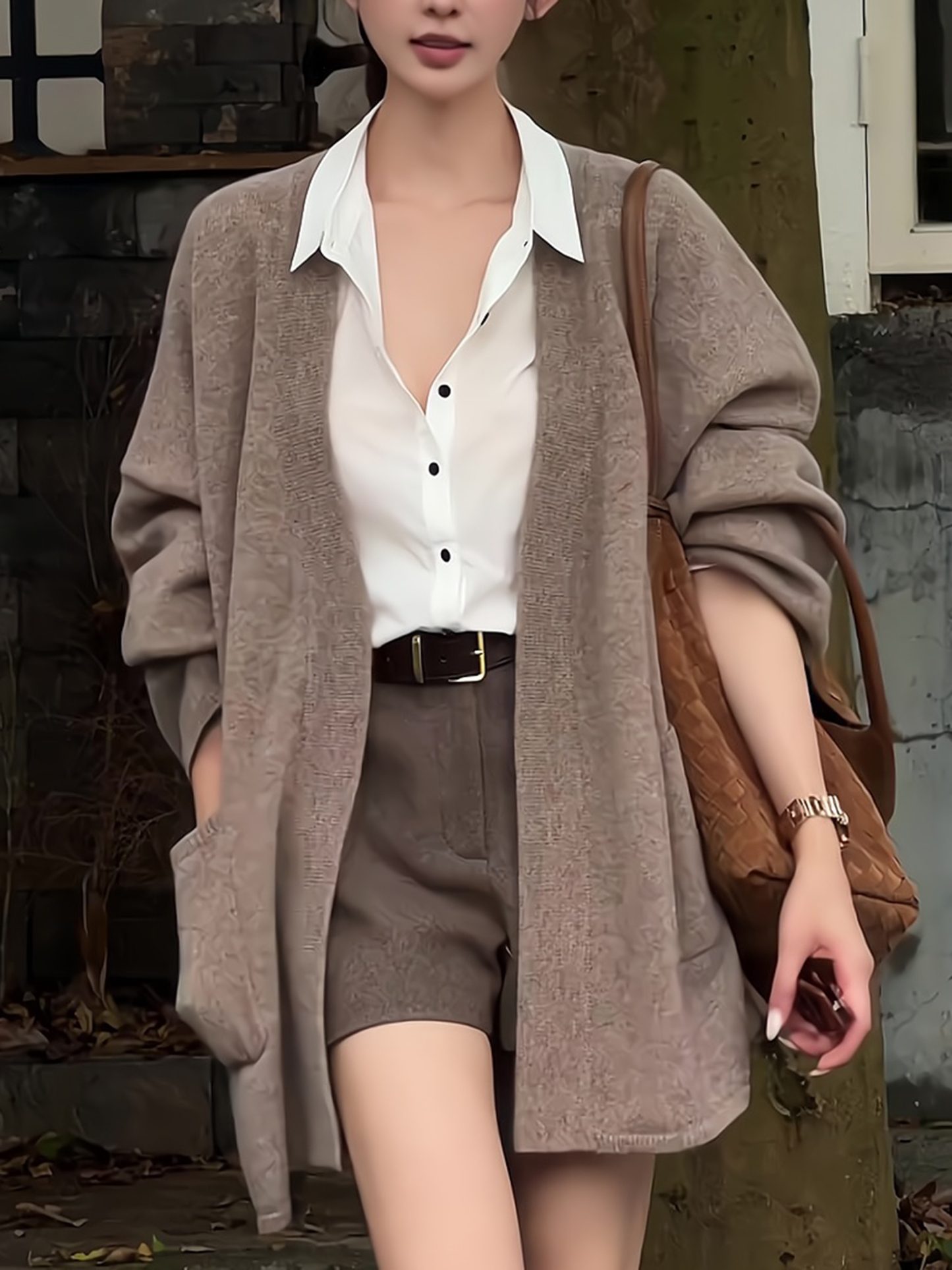 時髦老錢風｜毛衣開衫x襯衫x短褲三件套｜一套搞定秋季質感穿搭，輕鬆穿出不費力高級感