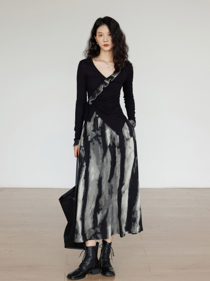 冷淡系獨特設計套裝 水墨暈染長裙 + 不規則上衣 2026 春季新款兩件式