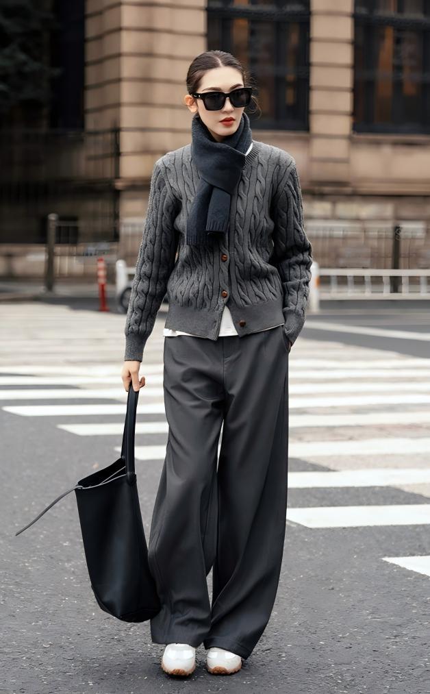 秋冬高級懶人套組｜灰色系慵懶針織開衫｜灰色高腰西裝褲｜顯瘦顯高穿搭