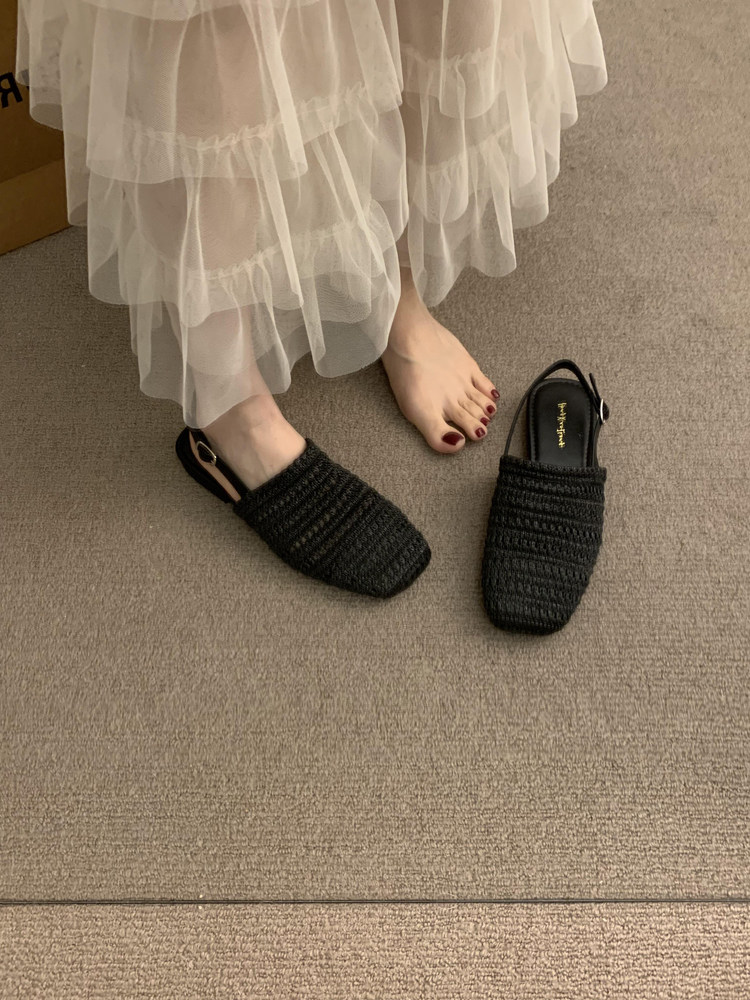 方頭一字帶草編涼單鞋 | 夏季淺口平底女鞋