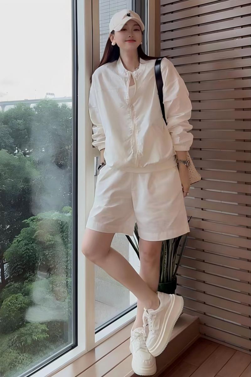 洋氣休閒運動套裝｜純色防曬外套 + 高腰闊腿短褲｜舒適顯瘦兩件組