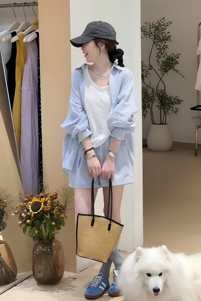 韓系慵懶防曬三件套｜長袖襯衫 + 涼感背心 + 休閒短褲｜可拆穿顯瘦套裝