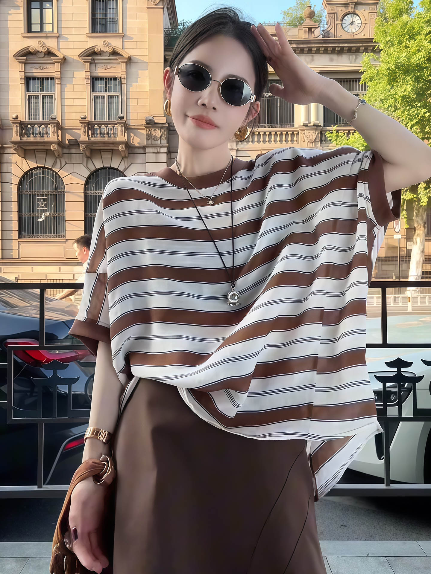 獨家設計款｜撞色條紋短袖上衣+顯瘦A字裙｜寬鬆兩件式｜夏季復古套裝