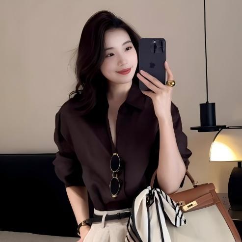 秋季老錢風套裝｜咖啡色翻領襯衫+亞麻短褲｜韓系高級感兩件式