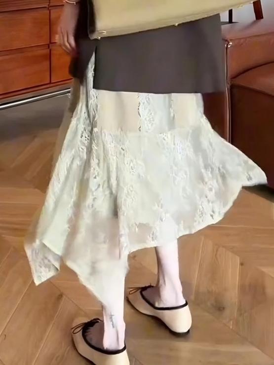 韓系時尚套裝｜棕色西裝背心+蕾絲拼接裙｜無袖設計兩件式｜小眾高級感