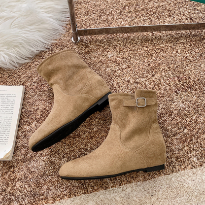 法式圓頭馬丁短靴｜隱形內增高設計｜西部風平底短筒靴