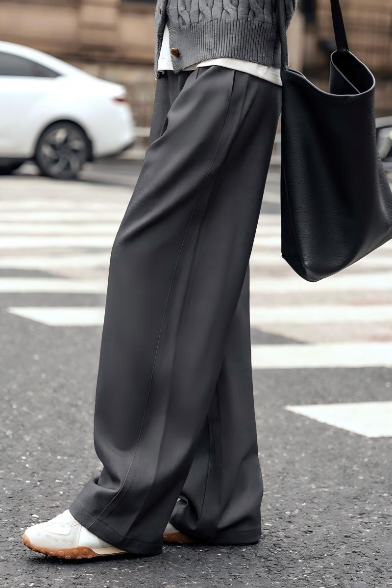 秋冬高級懶人套組｜灰色系慵懶針織開衫｜灰色高腰西裝褲｜顯瘦顯高穿搭