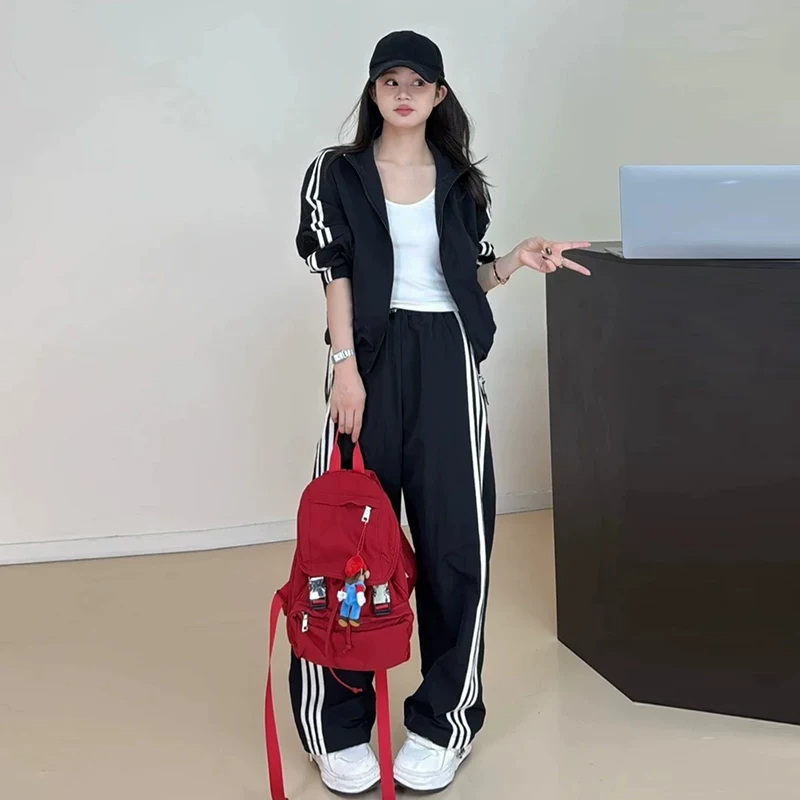 美式休閒風黑色套裝｜立領寬鬆外套+高腰闊腿褲