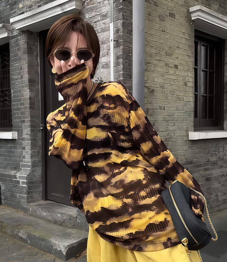 早秋虎紋套裝｜防曬罩紗薄款長袖+黃色高腰九分褲｜慵懶風兩件式｜鬆緊帶設計