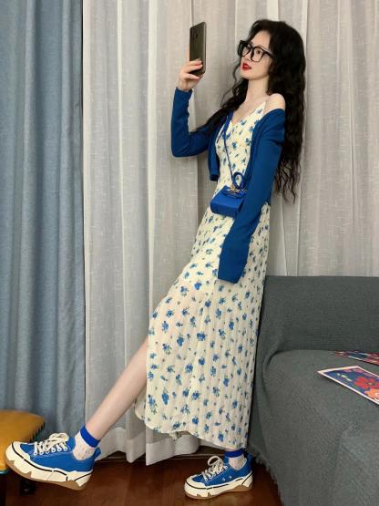 夏秋法式套裝｜清冷藍開衫+碎花連身裙｜清冷慵懶風｜兩件式層次穿搭
