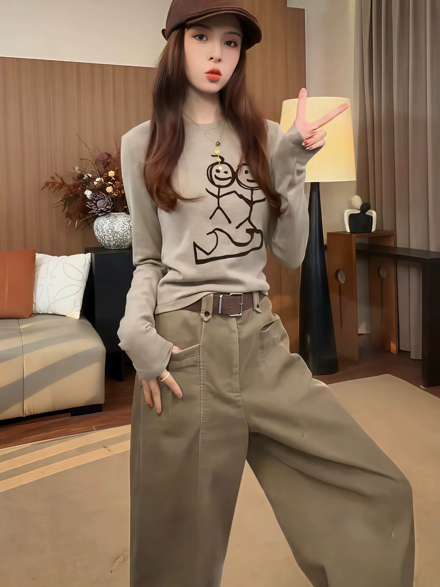 韓系復古女裝兩件式套裝 | 卡通火柴人印花長袖 | 燈芯絨高腰闊腿長褲
