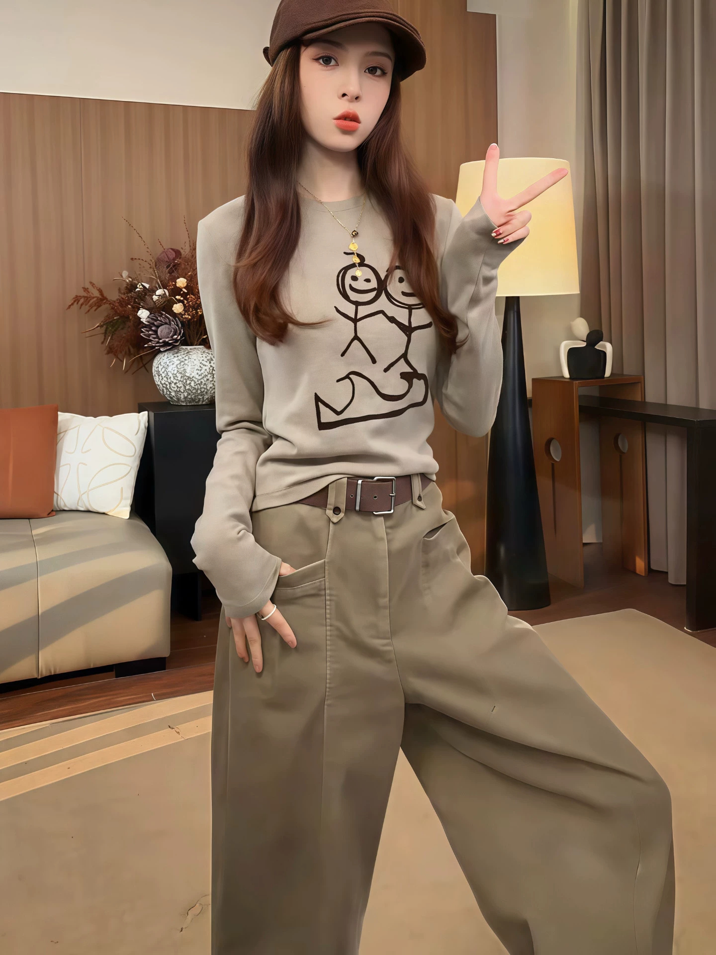 韓系復古女裝兩件式套裝 | 卡通火柴人印花長袖 | 燈芯絨高腰闊腿長褲