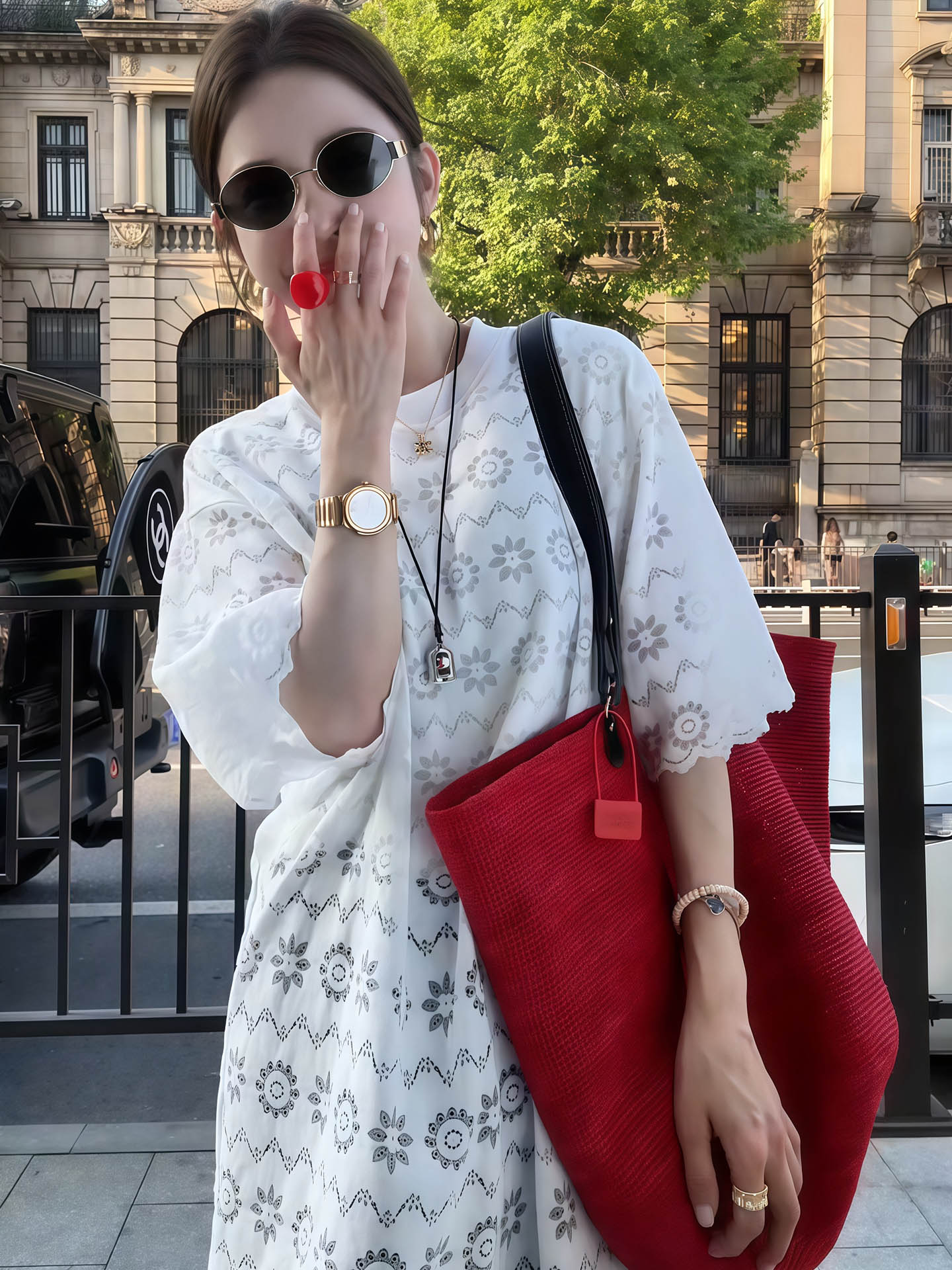 夏季韓風套裝｜鏤空碎花上衣+波點直筒裙｜寬鬆兩件式｜小清新氣質款