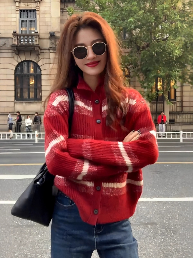 節日氛圍感單品｜紅色費爾島提花針織外套｜可內搭可外穿｜秋冬復古毛衣