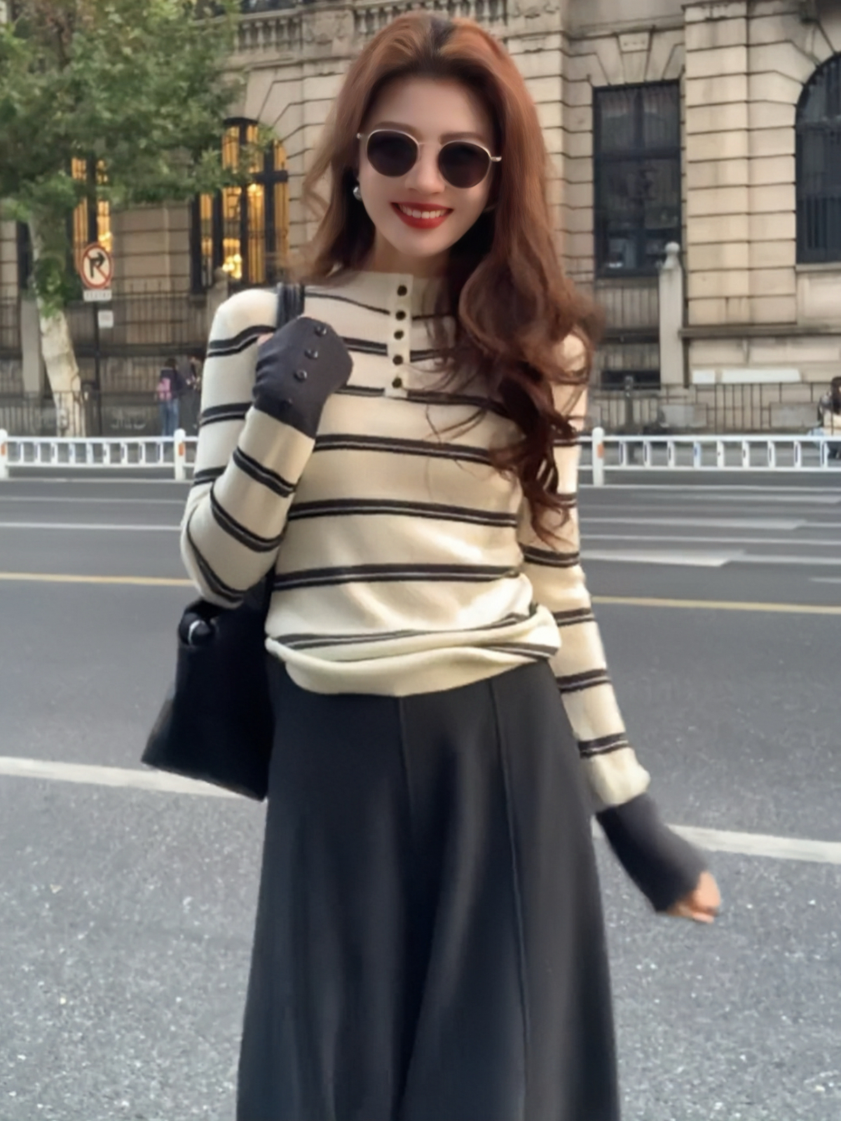 秋冬韓系鬆弛感套裝｜條紋針織毛衣｜針織半身裙｜簡約慵懶日常穿搭兩件組