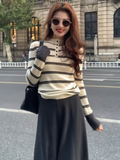 秋冬韓系鬆弛感套裝｜條紋針織毛衣｜針織半身裙｜簡約慵懶日常穿搭兩件組