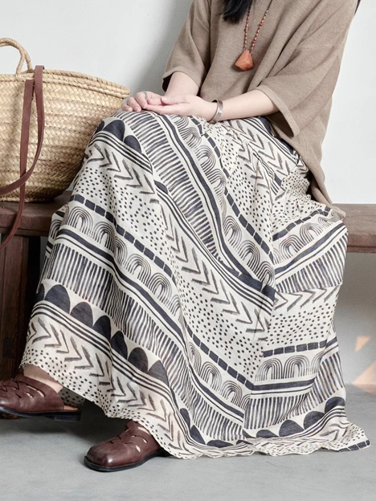 夏季限量款！復古印花A字裙｜棉麻混紡垂墜面料｜高腰修飾小腹｜文藝風大擺設計