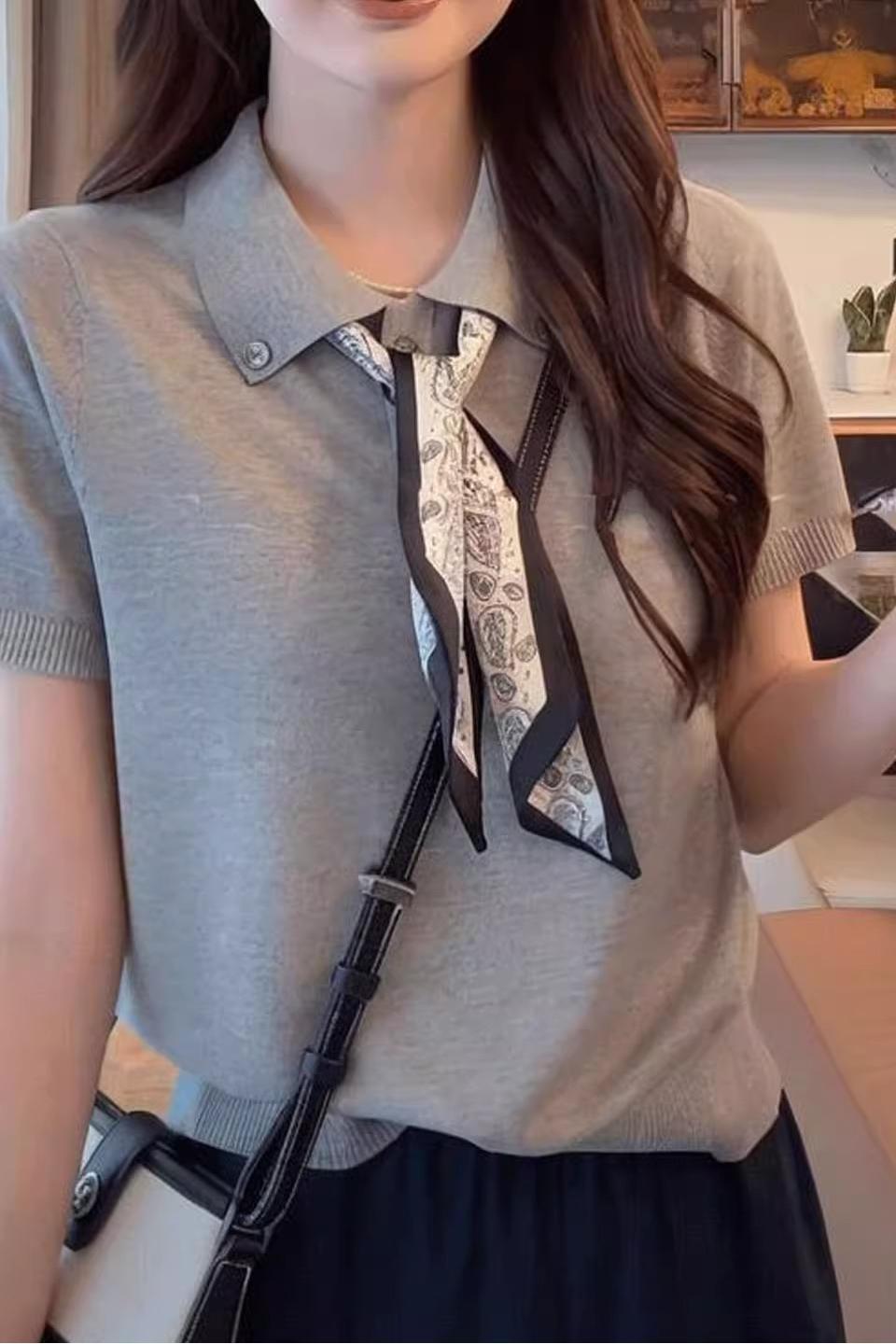 夏季限量款！氣質針織POLO領短袖+附贈絲巾｜寬鬆顯瘦上衣｜三色可選