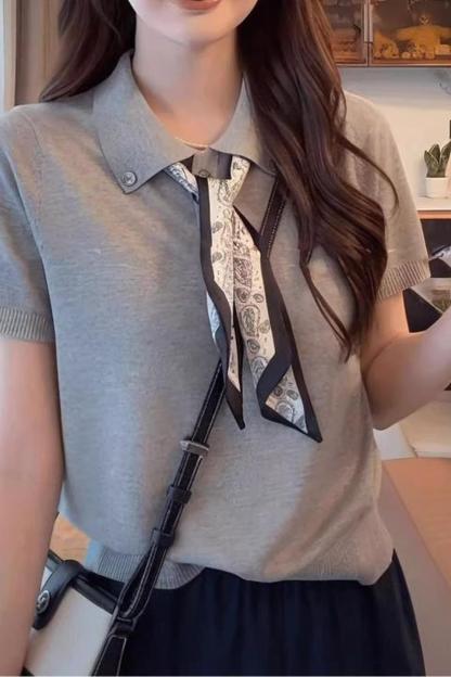 夏季限量款！氣質針織POLO領短袖+附贈絲巾｜寬鬆顯瘦上衣｜三色可選