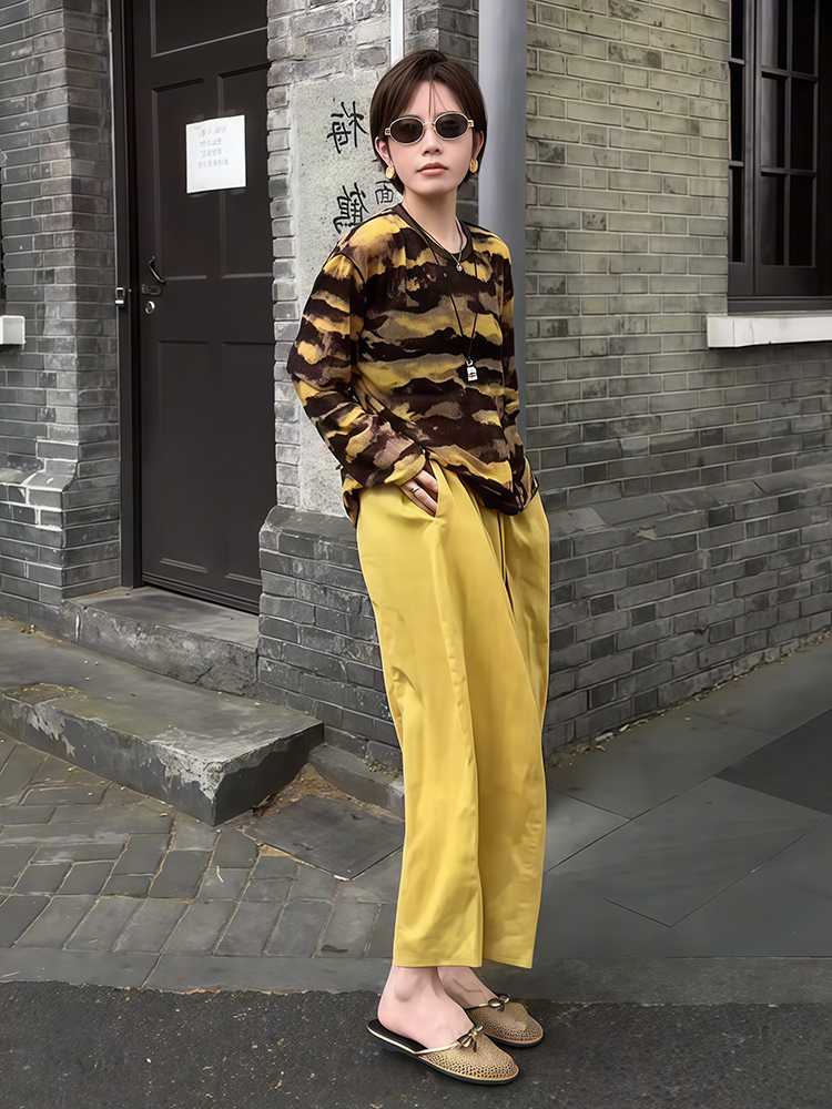 早秋虎紋套裝｜防曬罩紗薄款長袖+黃色高腰九分褲｜慵懶風兩件式｜鬆緊帶設計