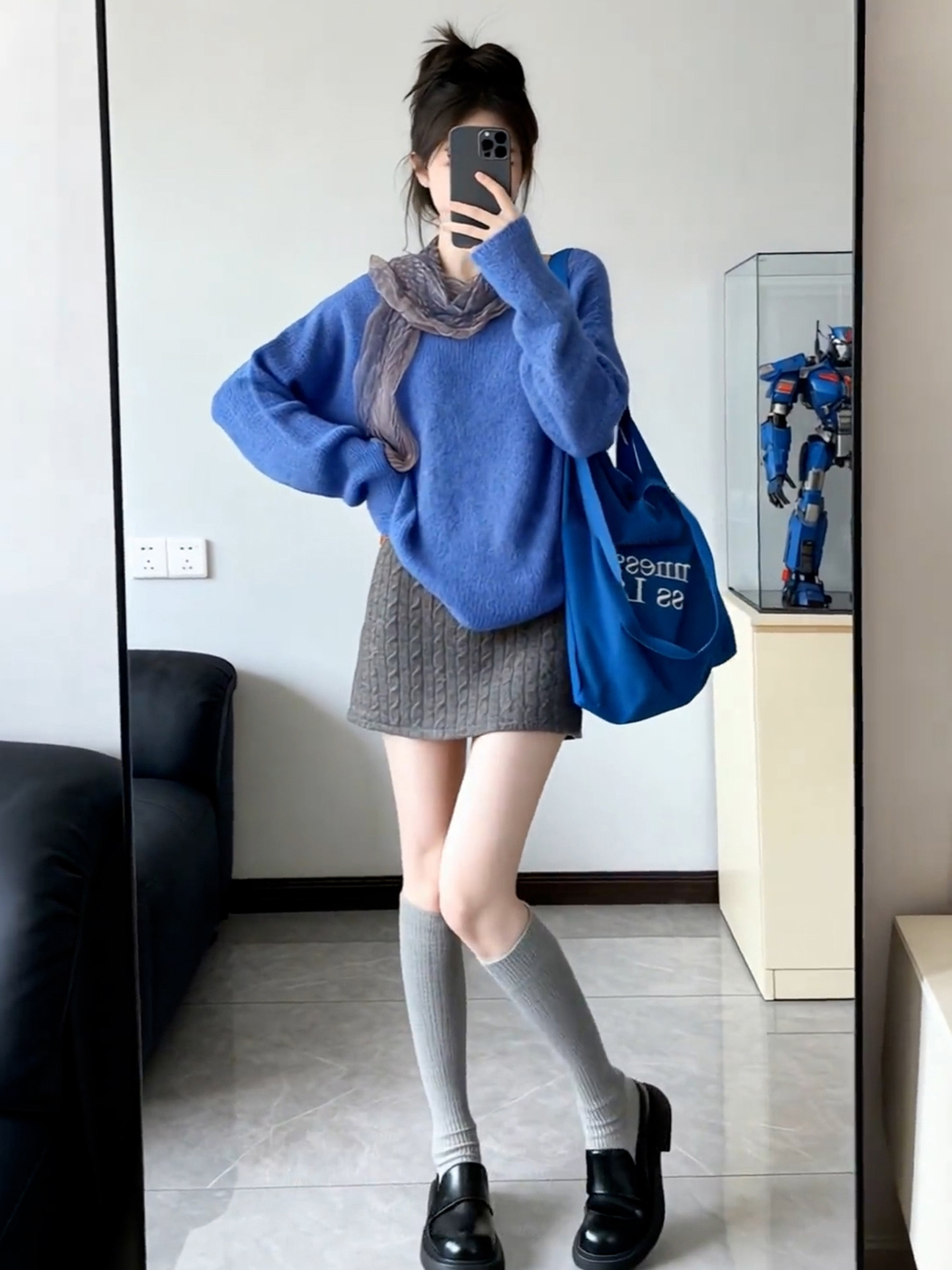秋冬針織套裝｜藍色毛衣｜針織半身裙｜氣質藍灰色系兩件組｜溫柔感日常穿搭
