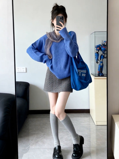 秋冬針織套裝｜藍色毛衣｜針織半身裙｜氣質藍灰色系兩件組｜溫柔感日常穿搭