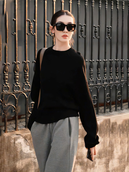 秋冬季休閒時尚套組｜黑色長袖衛衣｜灰色直筒長褲｜免搭配日常穿搭簡約兩件套