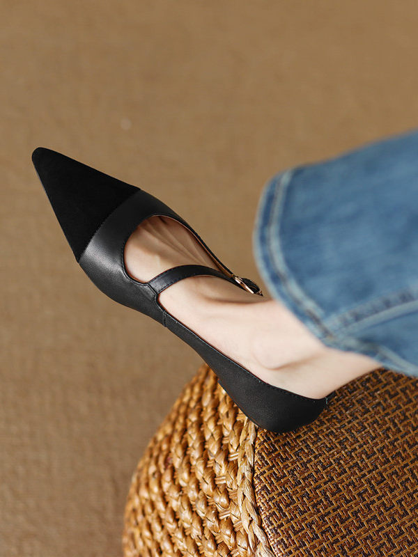 復古尖頭一字扣帶單鞋 | 真皮拼接法式平底鞋