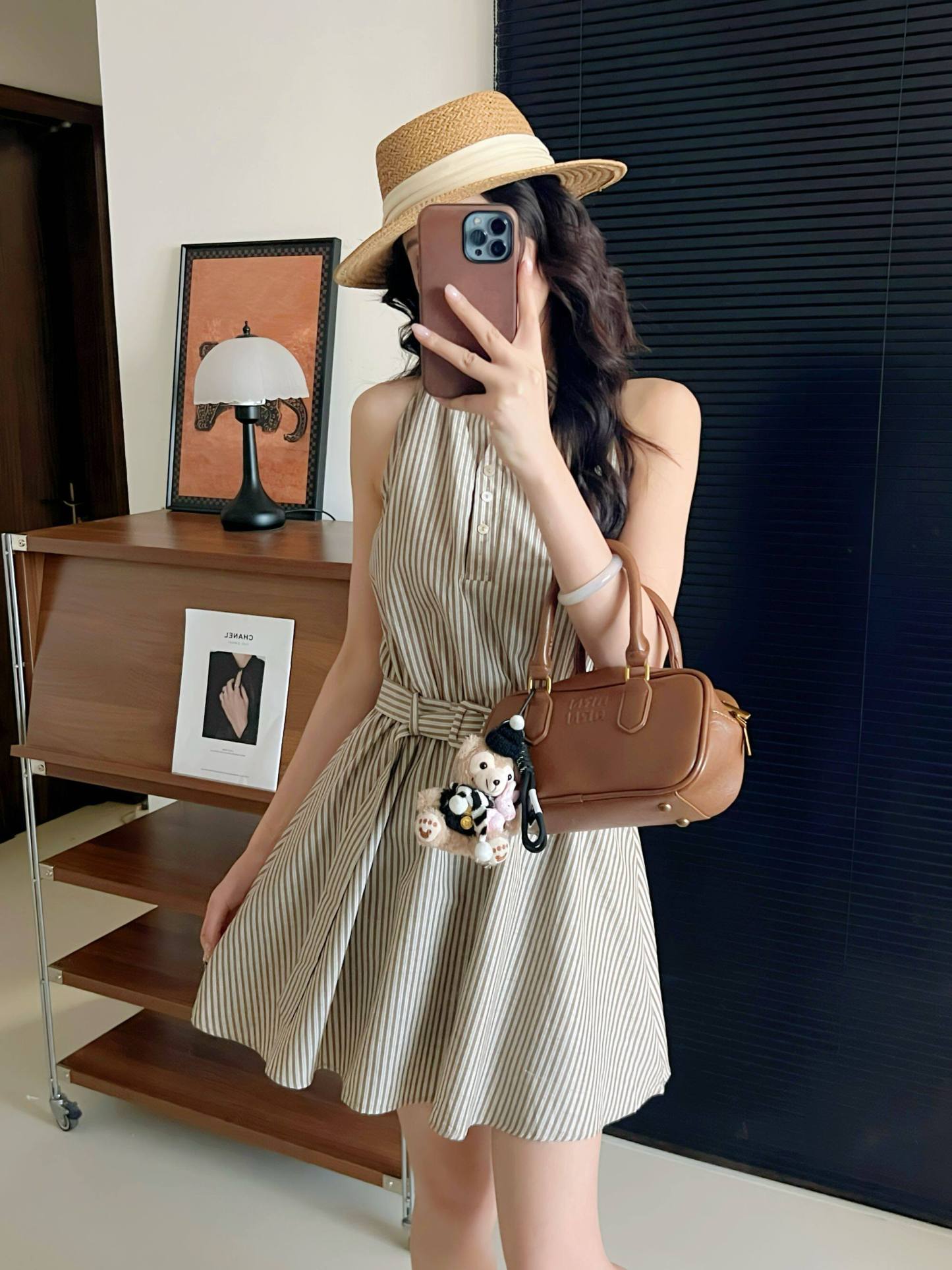法式細條紋收腰洋裝｜無袖繫帶襯衫裙｜拼接設計顯瘦連身裙
