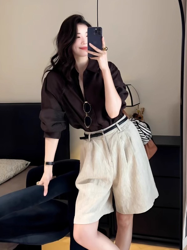 秋季老錢風套裝｜咖啡色翻領襯衫+亞麻短褲｜韓系高級感兩件式