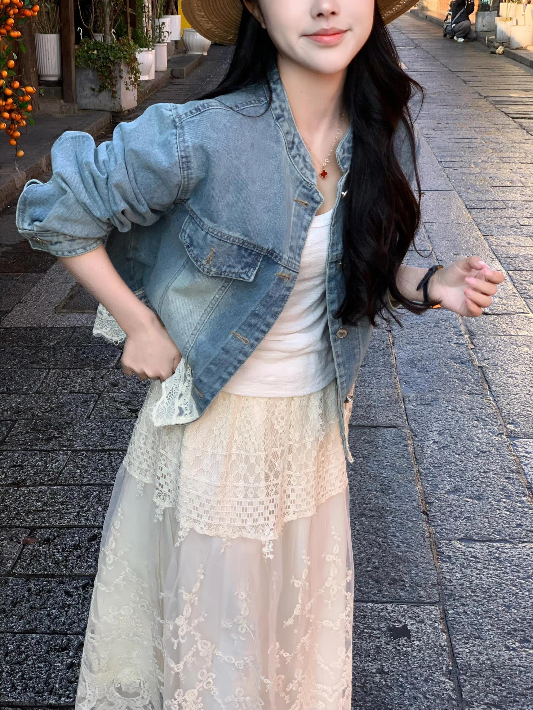 小香風蕾絲牛仔外套套裝組｜氣質藍白配色的夢幻逸品｜約會聚餐必備戰服