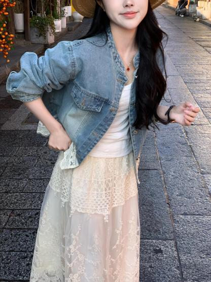 小香風蕾絲牛仔外套套裝組｜氣質藍白配色的夢幻逸品｜約會聚餐必備戰服