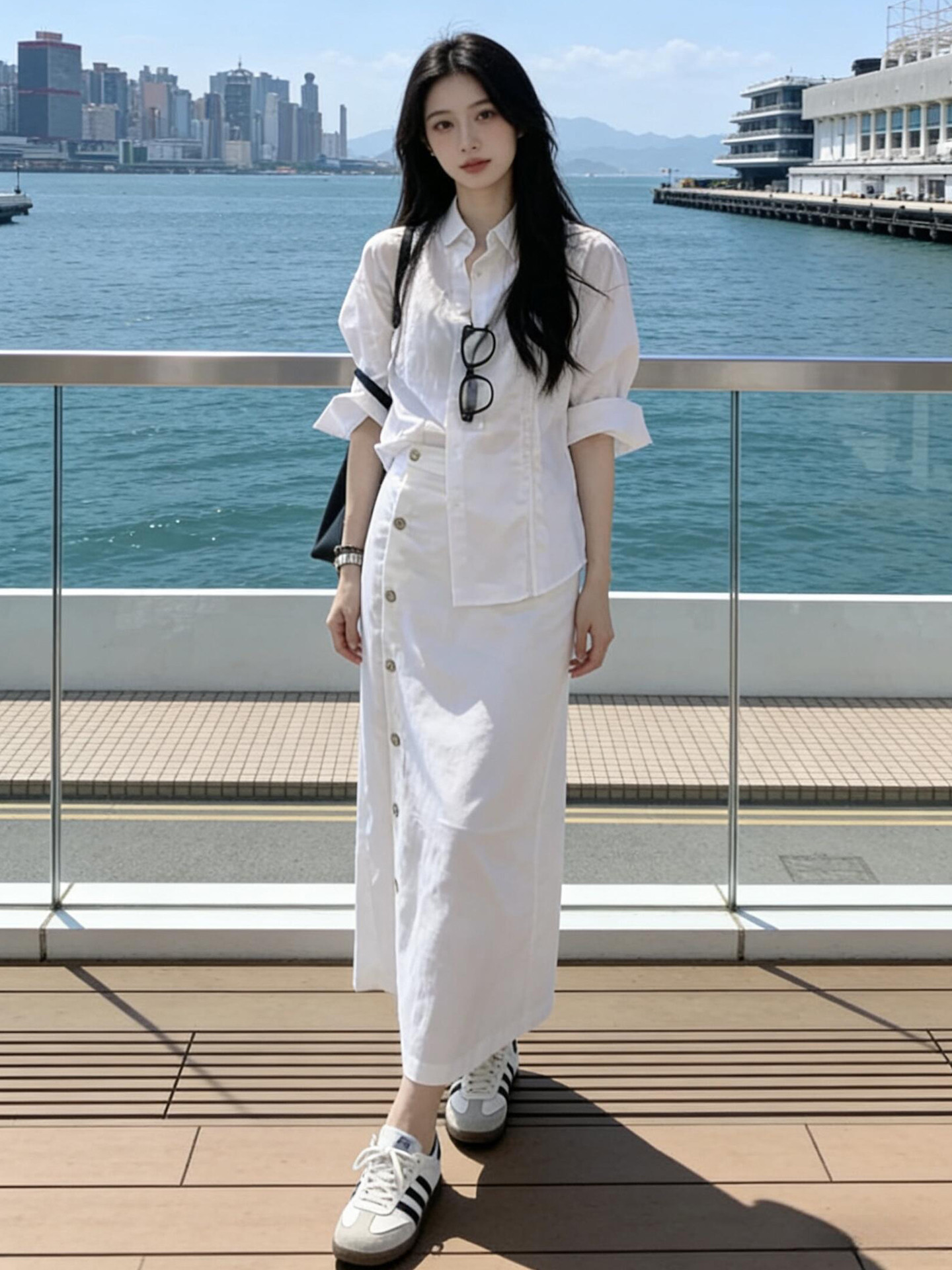 法式老錢風純白套裝｜棉麻長袖防晒襯衫｜紐扣高腰半身裙