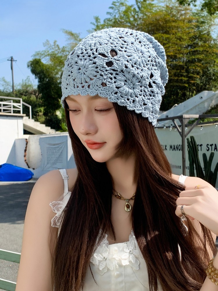 日雜風手作蕾絲透空包頭帽｜春夏薄款文藝百搭編織帽