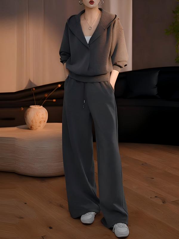 秋季慵懶風時尚套裝｜灰色連帽衛衣 + 寬鬆休閒褲兩件組｜日常舒適出行穿搭