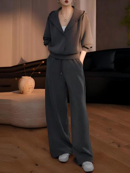 秋季慵懶風時尚套裝｜灰色連帽衛衣 + 寬鬆休閒褲兩件組｜日常舒適出行穿搭