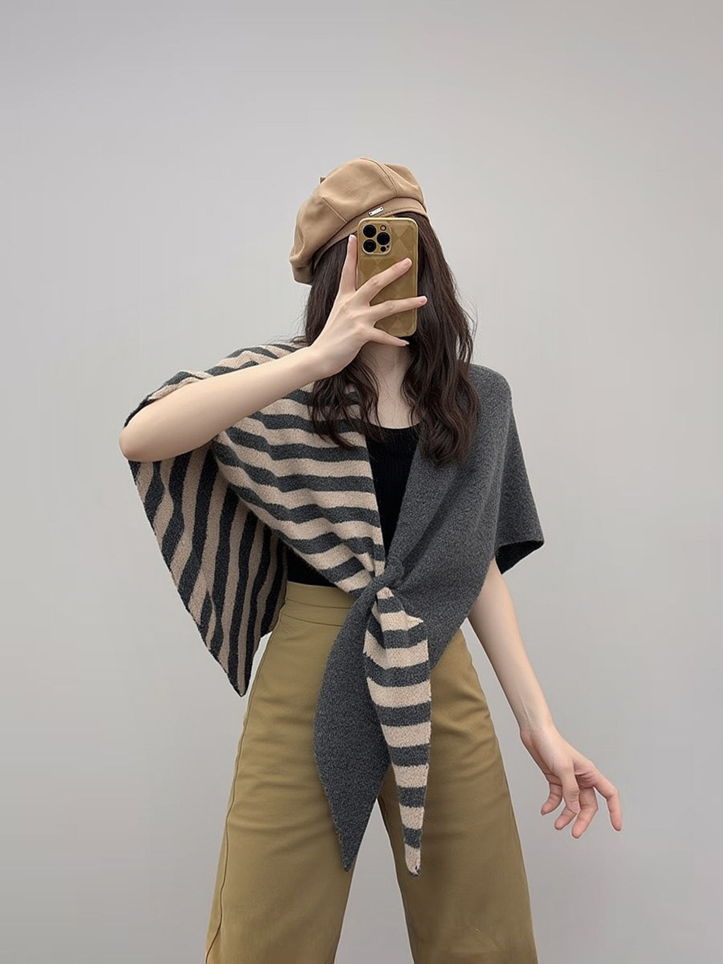 法式慵懶風｜羊毛混紡條紋圍巾披肩｜保暖百搭